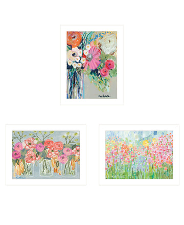 "Garden Flowers Iii" 3 Piece Vignette By Kait Roberts, Ready To Hang Framed Print, White Frame Multicolor Paper