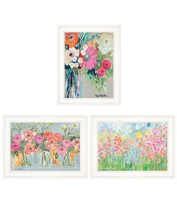 "Garden Flowers Iii" 3 Piece Vignette By Kait Roberts, Ready To Hang Framed Print, White Frame Multicolor Paper