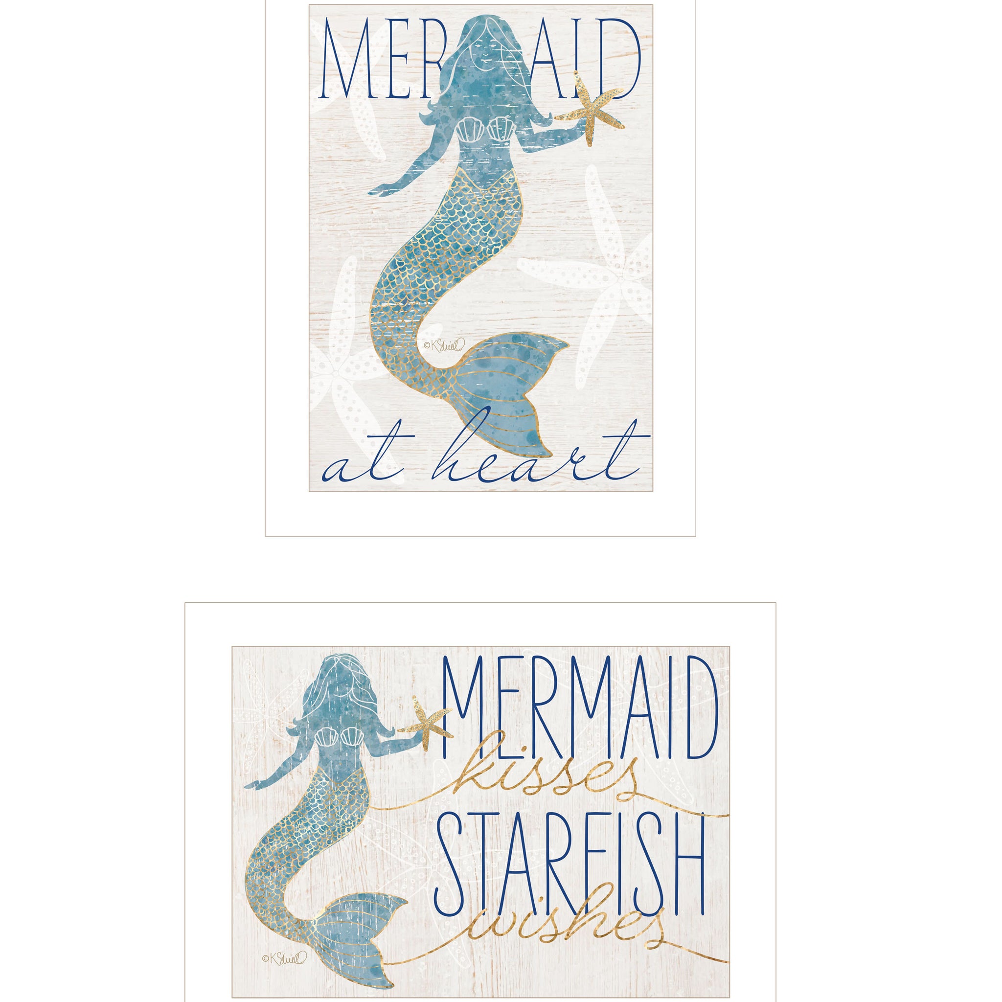 "Two Mermaids" 2 Piece Vignette By Kate Sherrill, Ready To Hang Framed Print, White Frame Multicolor Paper