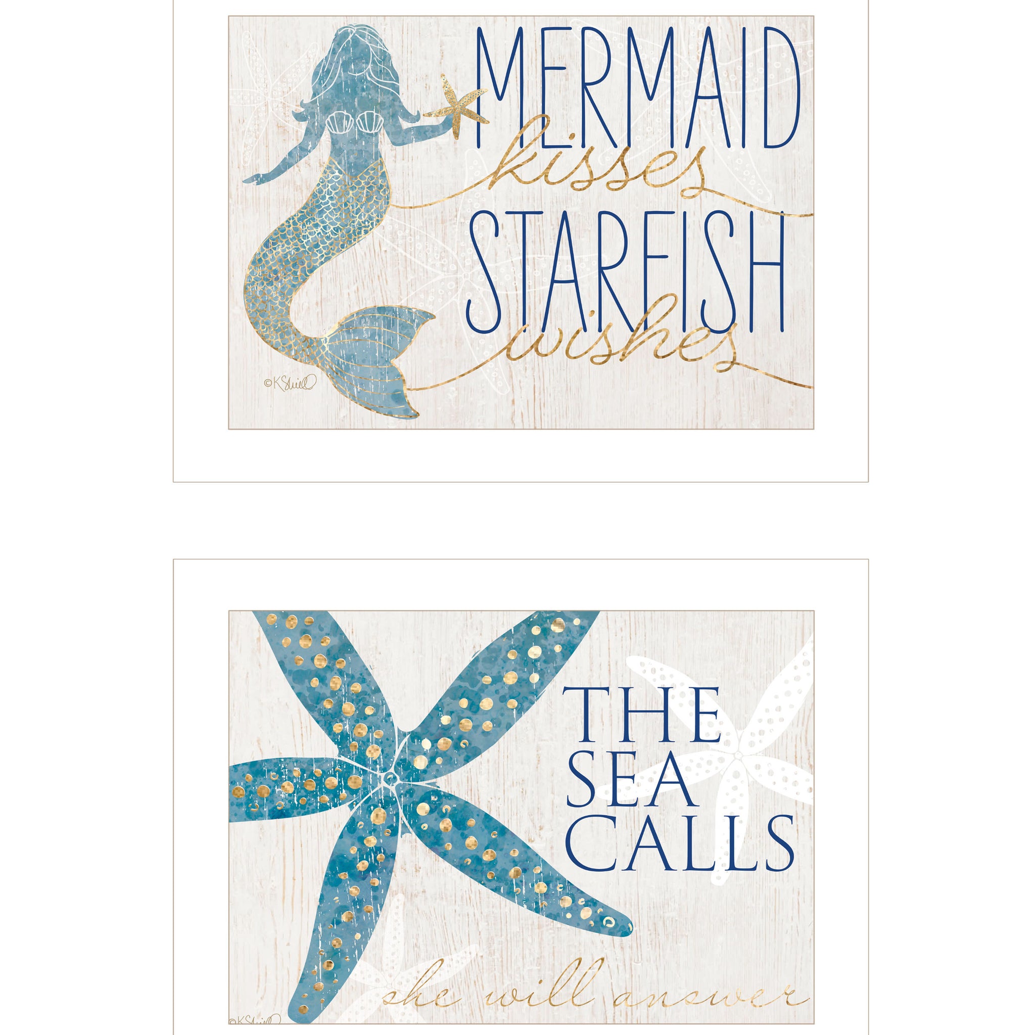 "Mermaid Kisses Starfish Wishes" 2 Piece Vignette By Kate Sherrill, Ready To Hang Framed Print, White Frame Multicolor Paper