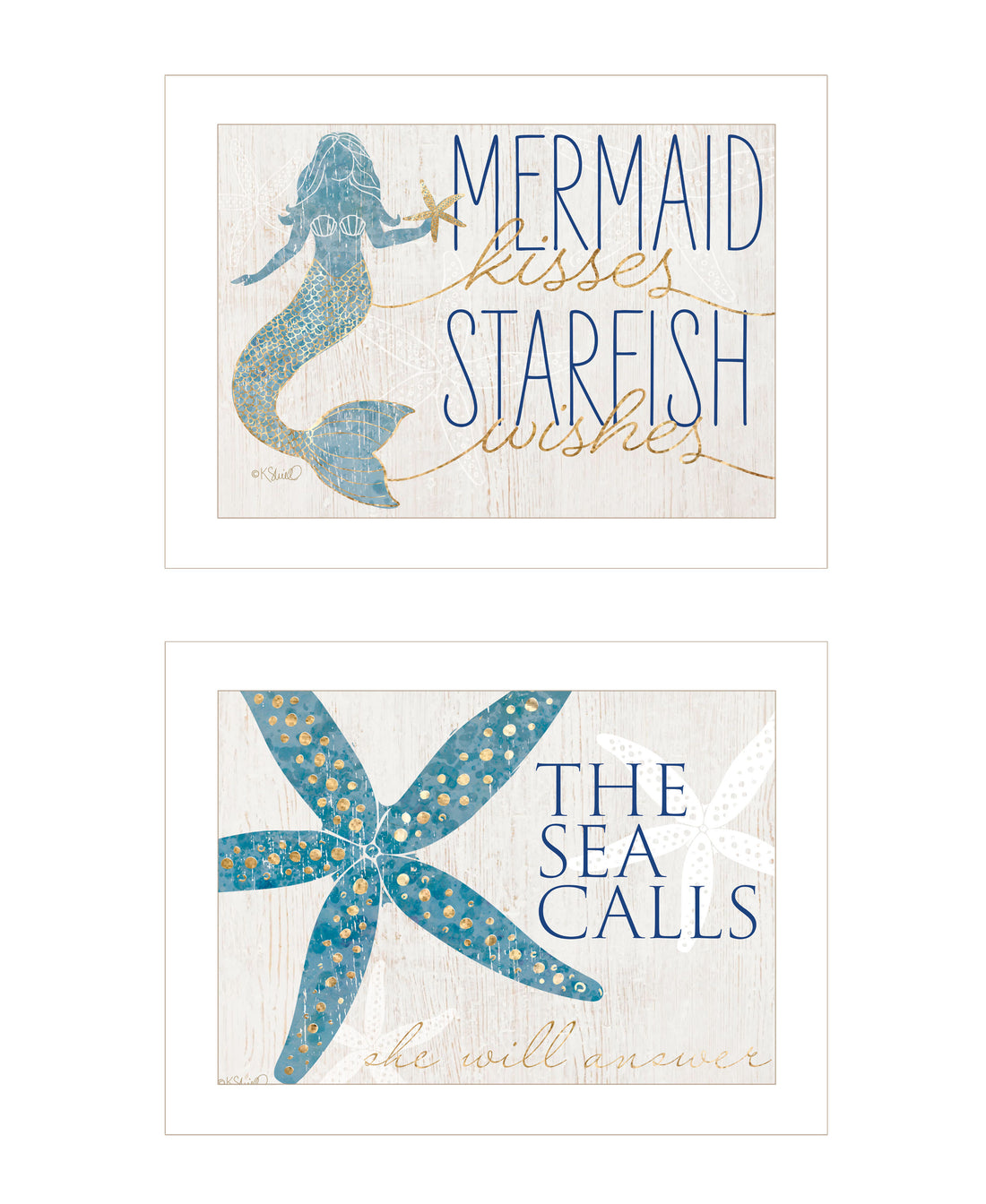 "Mermaid Kisses Starfish Wishes" 2 Piece Vignette By Kate Sherrill, Ready To Hang Framed Print, White Frame Multicolor Paper