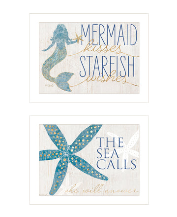 "Mermaid Kisses Starfish Wishes" 2 Piece Vignette By Kate Sherrill, Ready To Hang Framed Print, White Frame Multicolor Paper