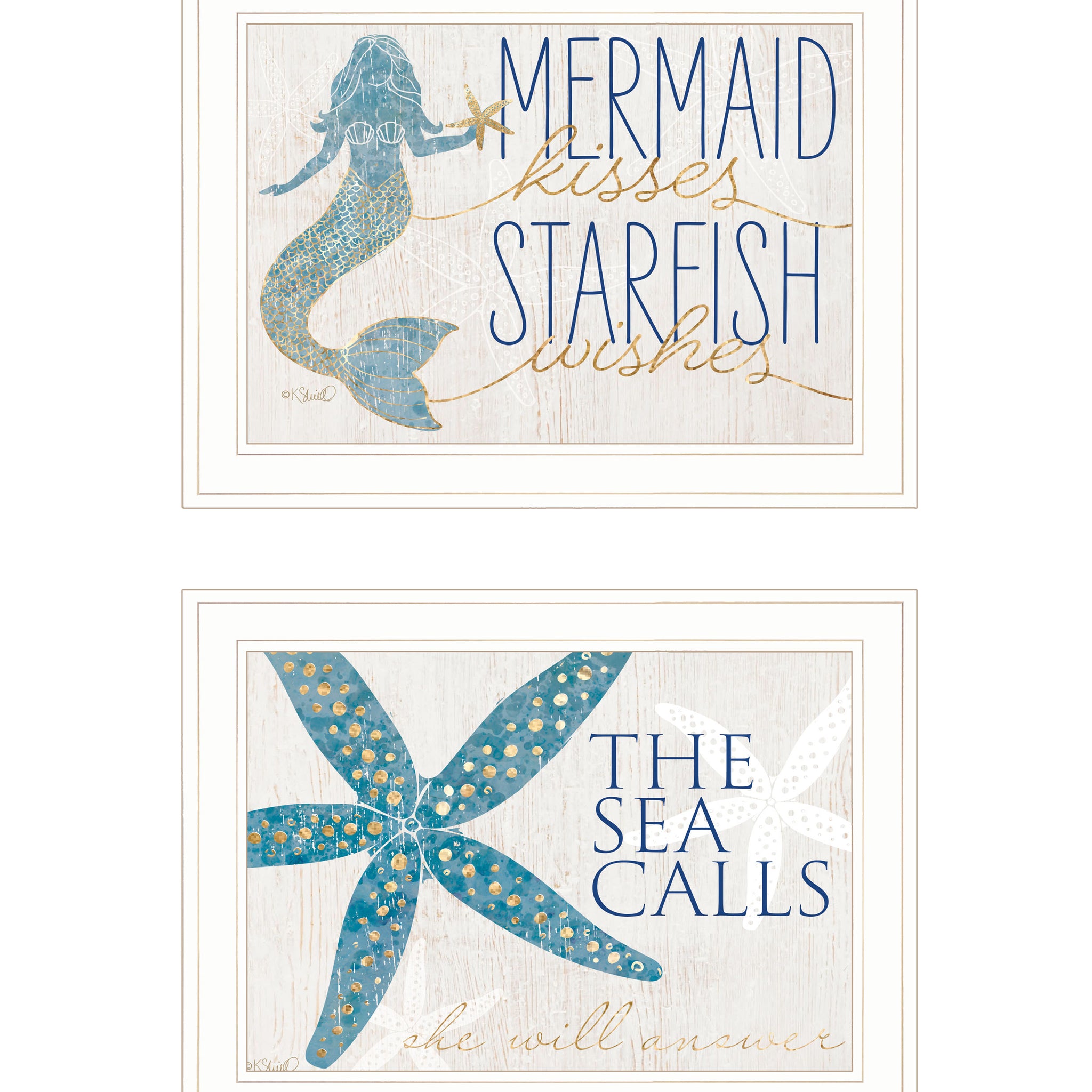 "Mermaid Kisses Starfish Wishes" 2 Piece Vignette By Kate Sherrill, Ready To Hang Framed Print, White Frame Multicolor Paper