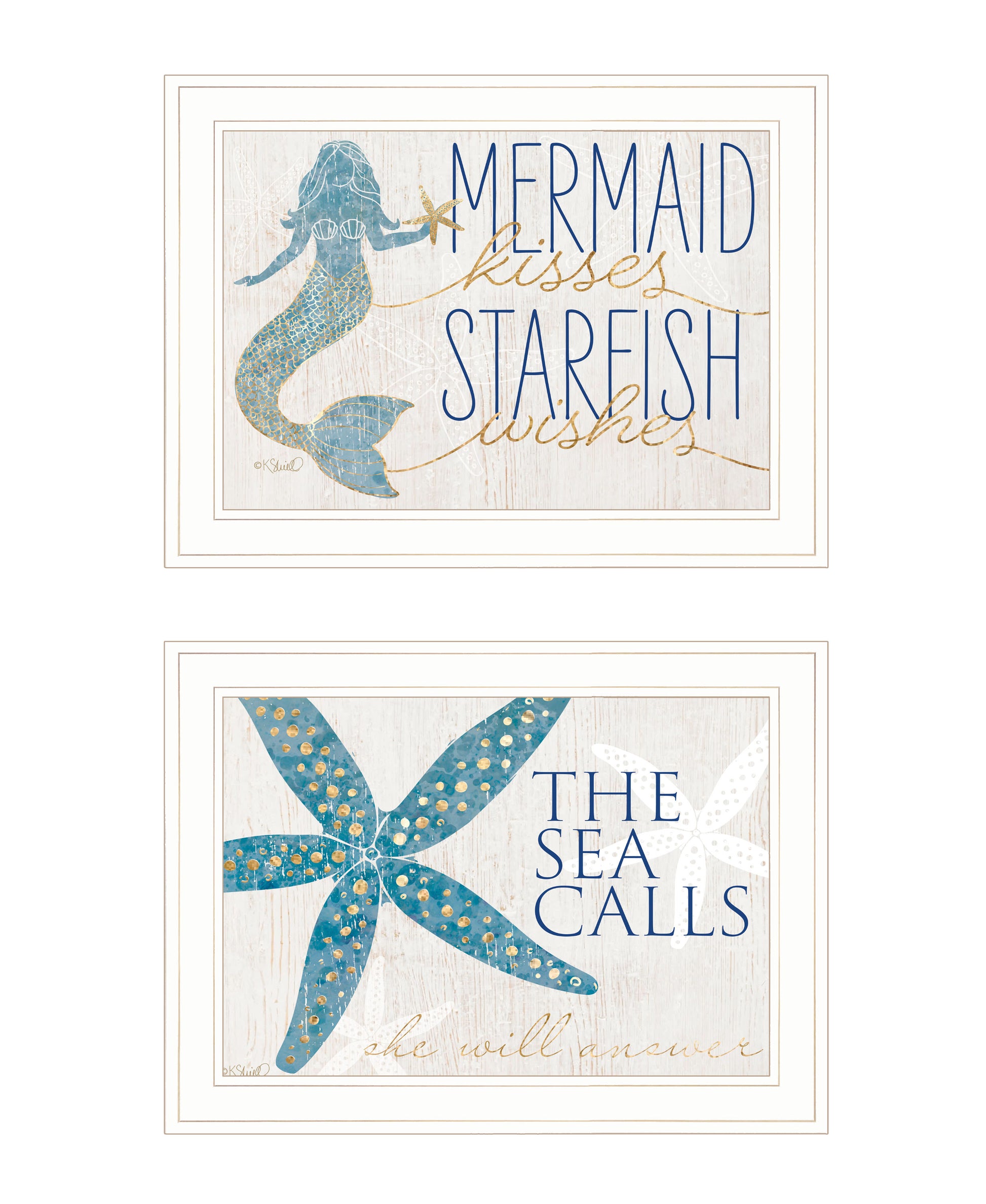 "Mermaid Kisses Starfish Wishes" 2 Piece Vignette By Kate Sherrill, Ready To Hang Framed Print, White Frame Multicolor Paper