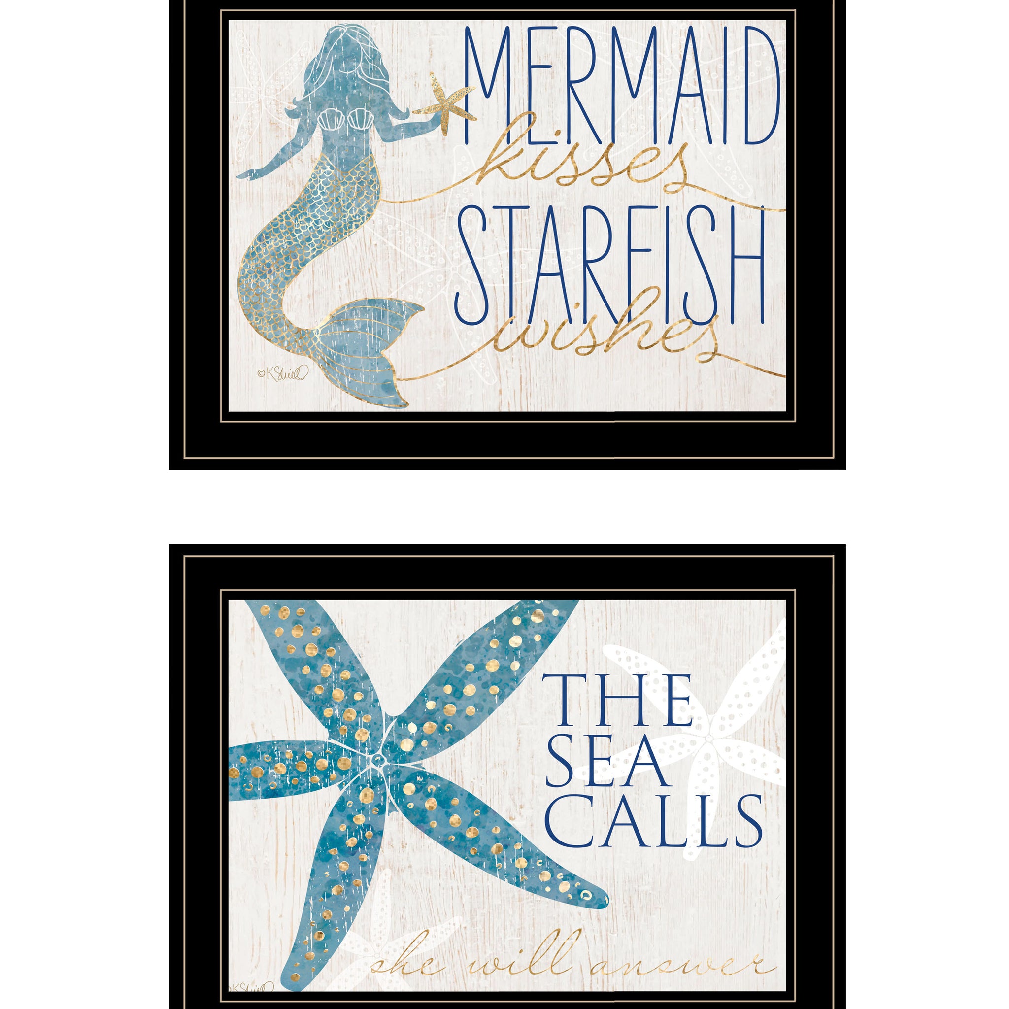 "Mermaid Kisses Starfish Wishes" 2 Piece Vignette By Kate Sherrill, Ready To Hang Framed Print, Black Frame Multicolor Paper