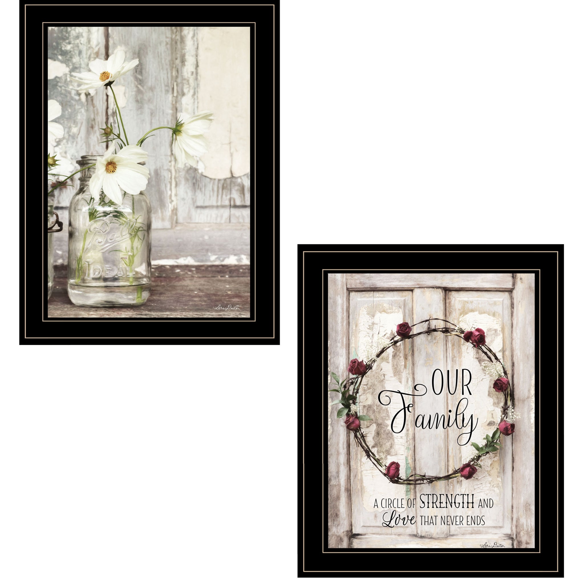 "Our Family Blossoms" 2 Piece Vignette By Lori Deiter, Ready To Hang Framed Print, Black Frame Multicolor Paper