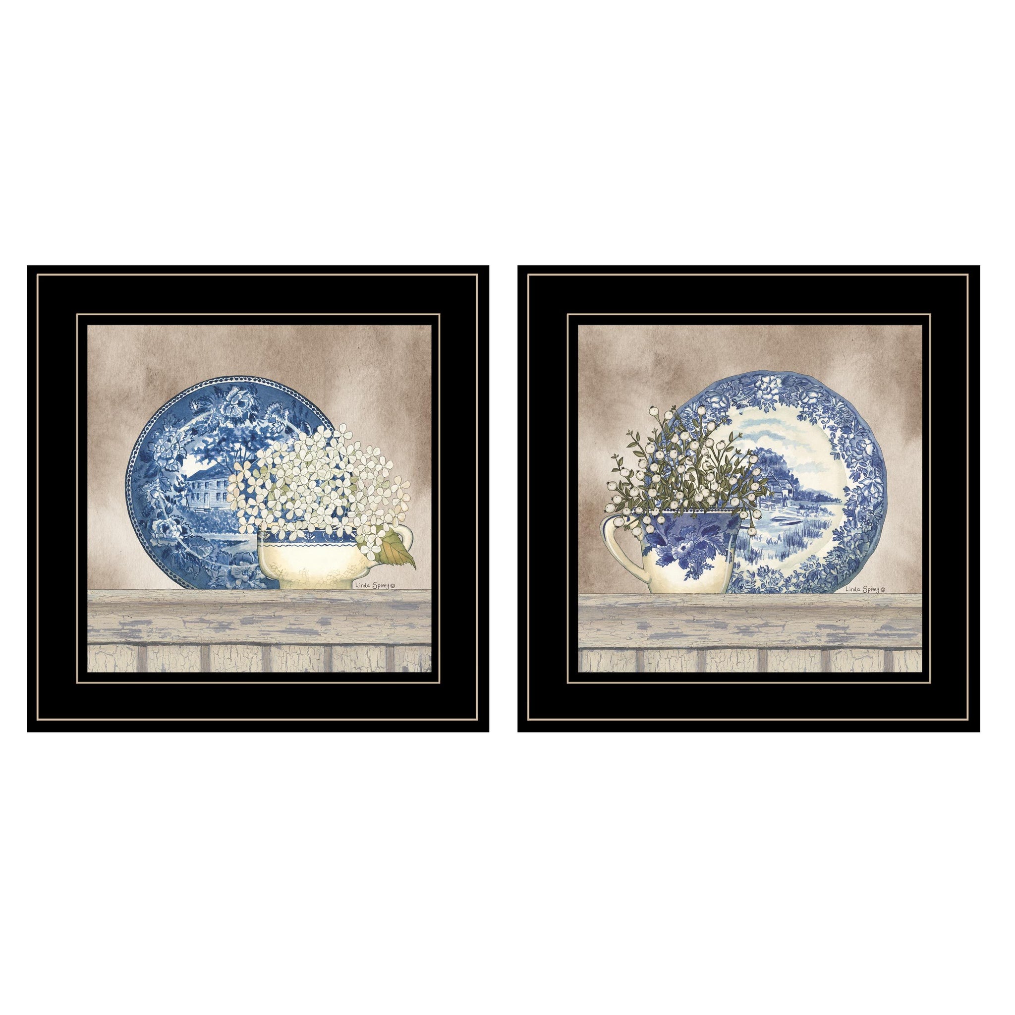 "The Farmhouse Blues Collection" 2 Piece Vignette By Linda Spivey, Ready To Hang Framed Print, Black Frame Multicolor Paper