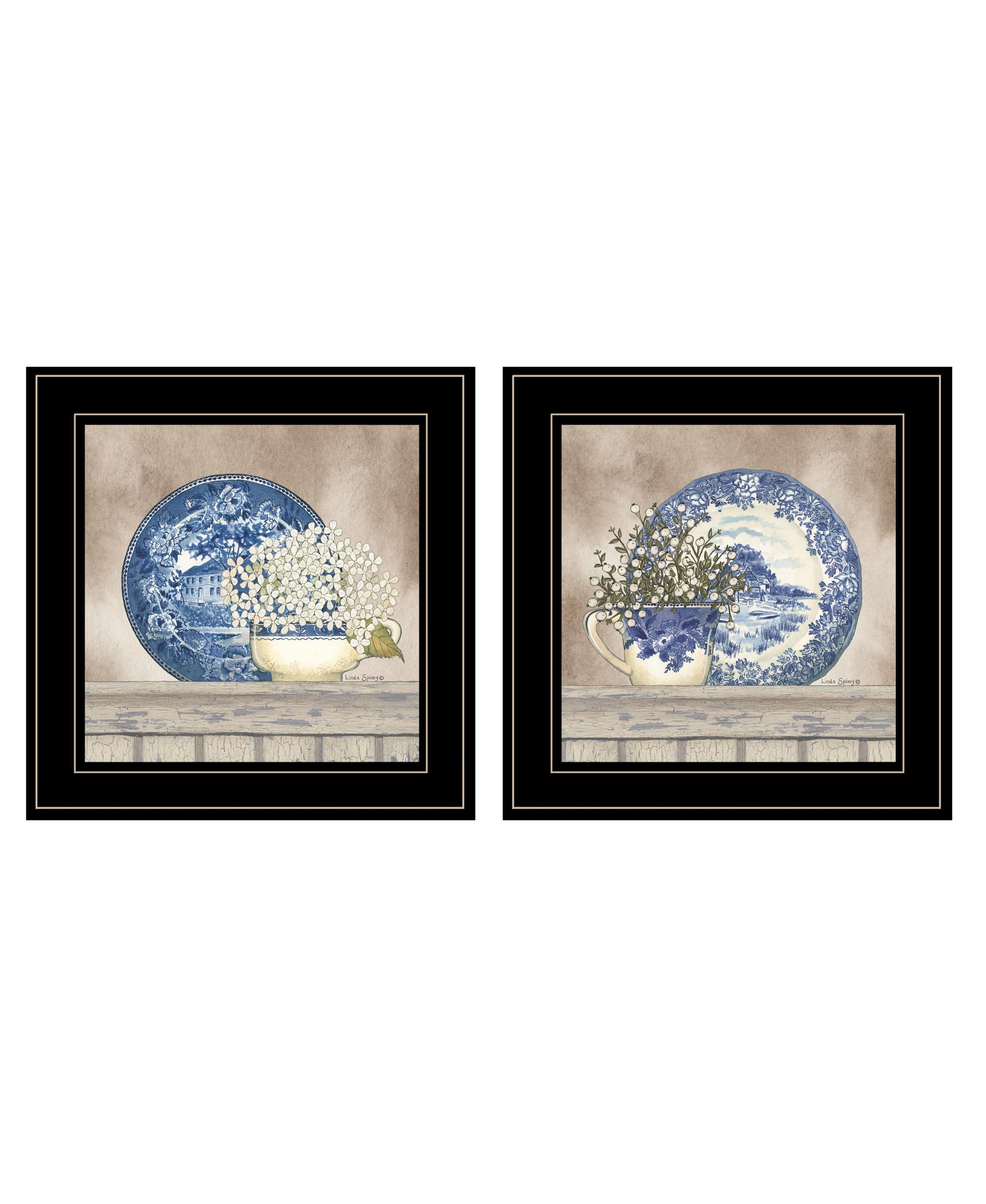 "The Farmhouse Blues Collection" 2 Piece Vignette By Linda Spivey, Ready To Hang Framed Print, Black Frame Multicolor Paper