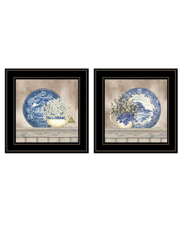 "The Farmhouse Blues Collection" 2 Piece Vignette By Linda Spivey, Ready To Hang Framed Print, Black Frame Multicolor Paper