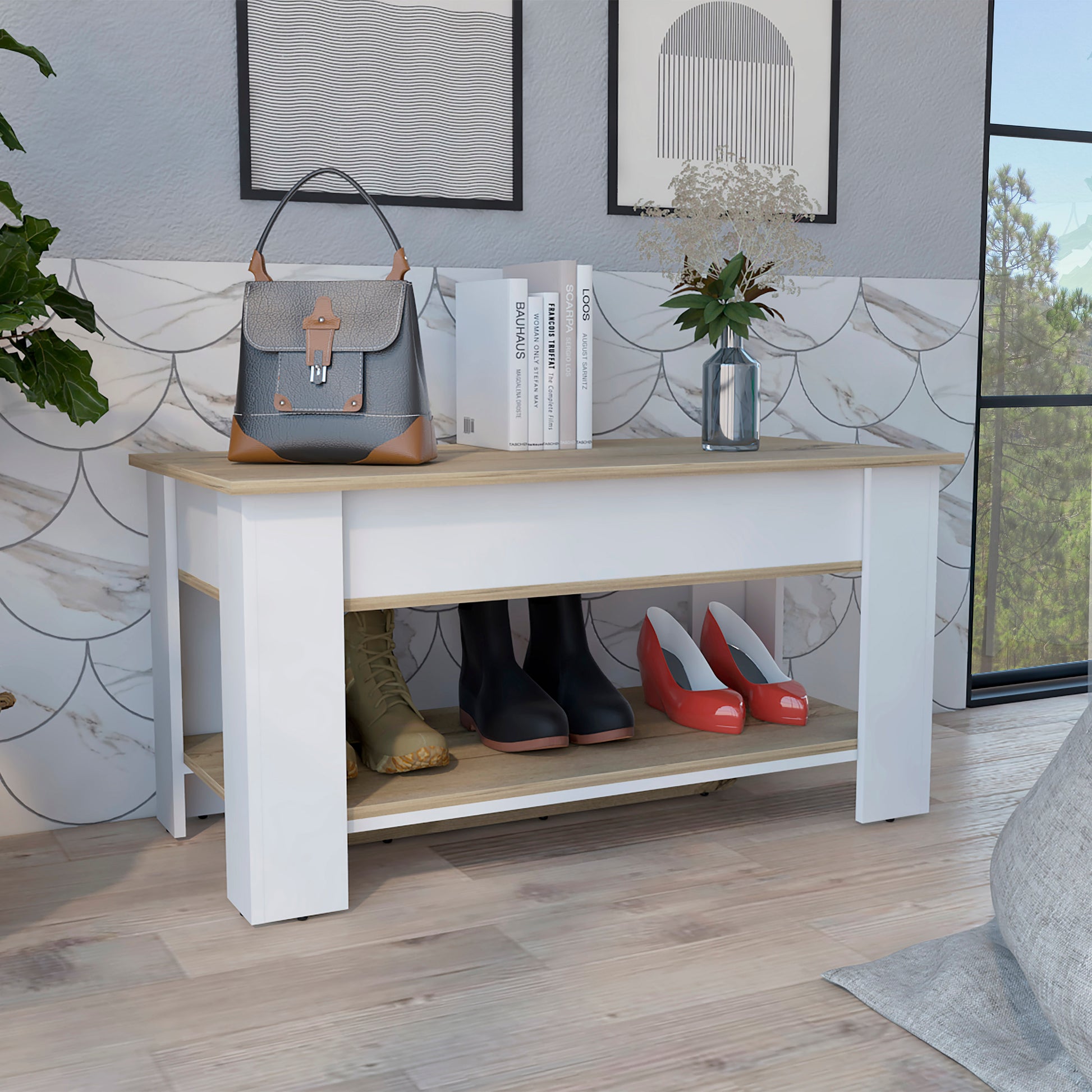 Austin Storage Table, One Extendable Table Shelf, Four Legs, Lower Shelf Light Oak White Multicolor Particle Board Particle Board