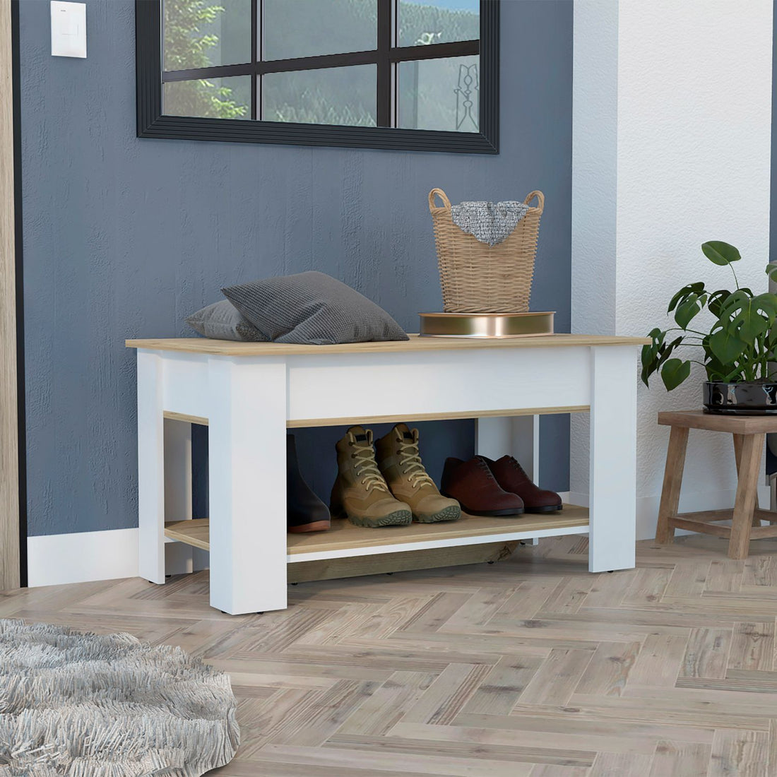 Storage Table, Four Legs, Lower Shelf, Light Oak White Multicolor Particle Board Particle Board