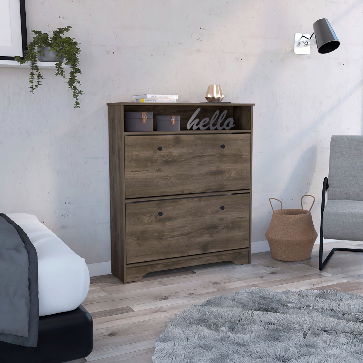 Shoe Rack 46" H, One Open Storage Shelf, Two Internal Storage Drawers, Two Doors, Dark Brown Brown Particle Board Particle Board
