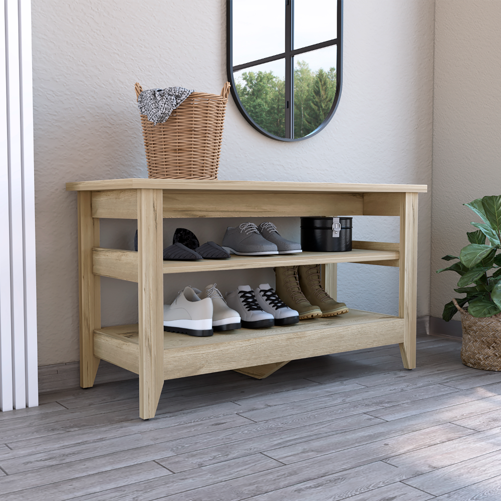 Storage Bench, Two Open Shelves, Light Oak Beige Particle Board Particle Board