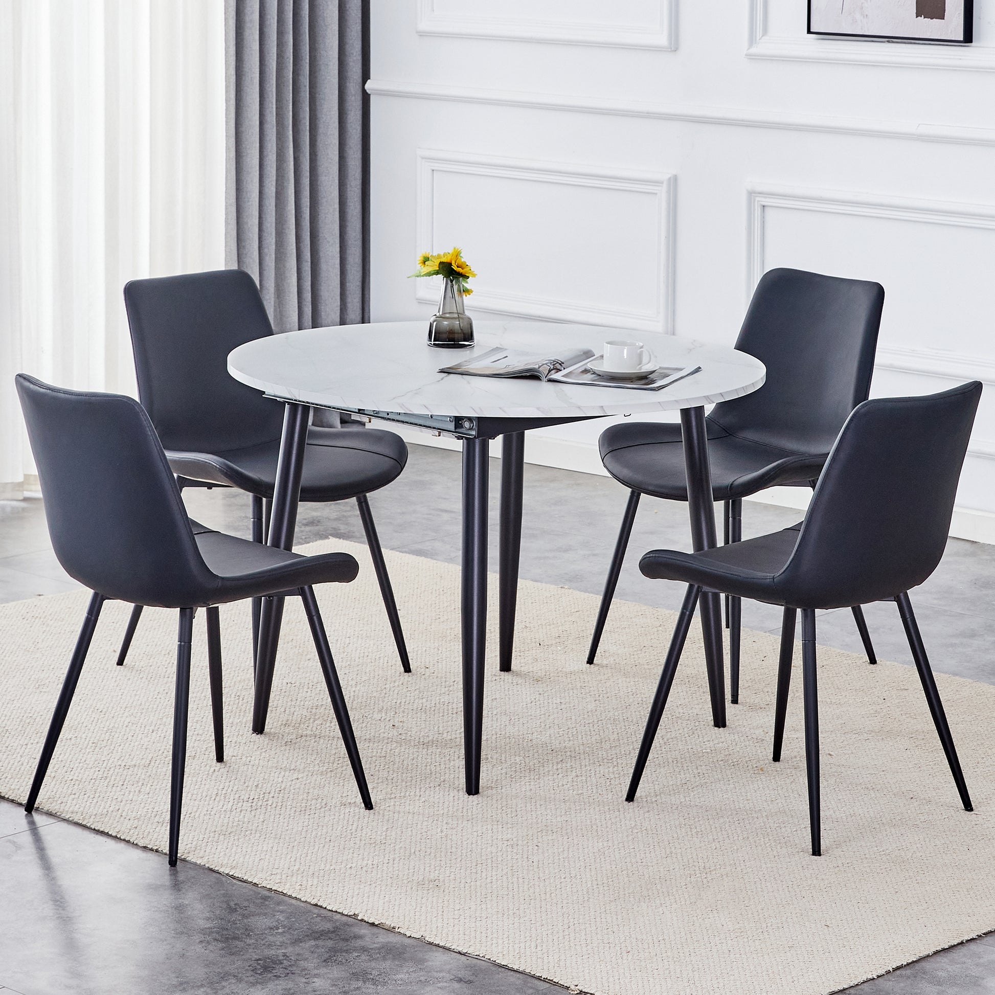 Table And Chair Set.Modern Extendable Mdf Dining Table.The Table Has A Telescopic Design, Suitable For Gatherings Of Different Size.Paired With 4 Chairs With Pu Cushions And Black Metal Legs. Black,White Seats 4 Mdf Metal