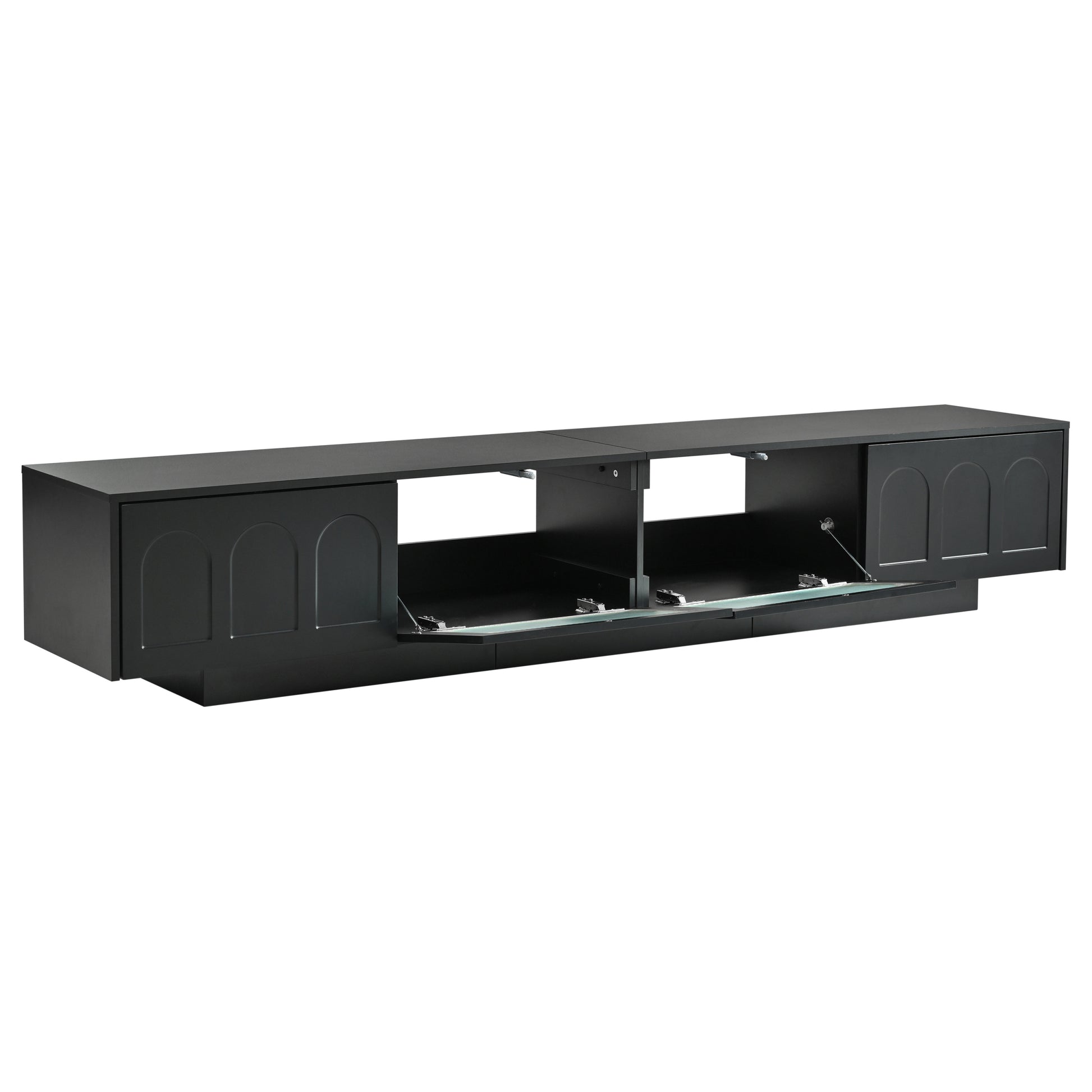 Tv Stand With Fluted Tempered Glass Doors For Tvs Up To 95'', Functional Media Console With Arched Cabinet Doors, Entertainment Center With App Controlled Led Light For Living Room, Black Black Primary Living Space 90 Inches Or Larger 90 Inches Or Larger