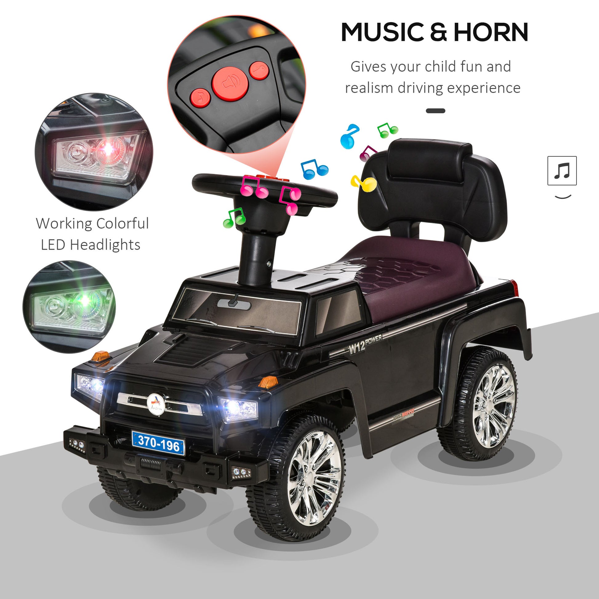 Aosom Kids Ride On Push Car, Suv Style Sliding Walking Car For Toddle With Horn, Music, Working Lights, Hidden Storage And Anti Dumping System, Black Black Metal