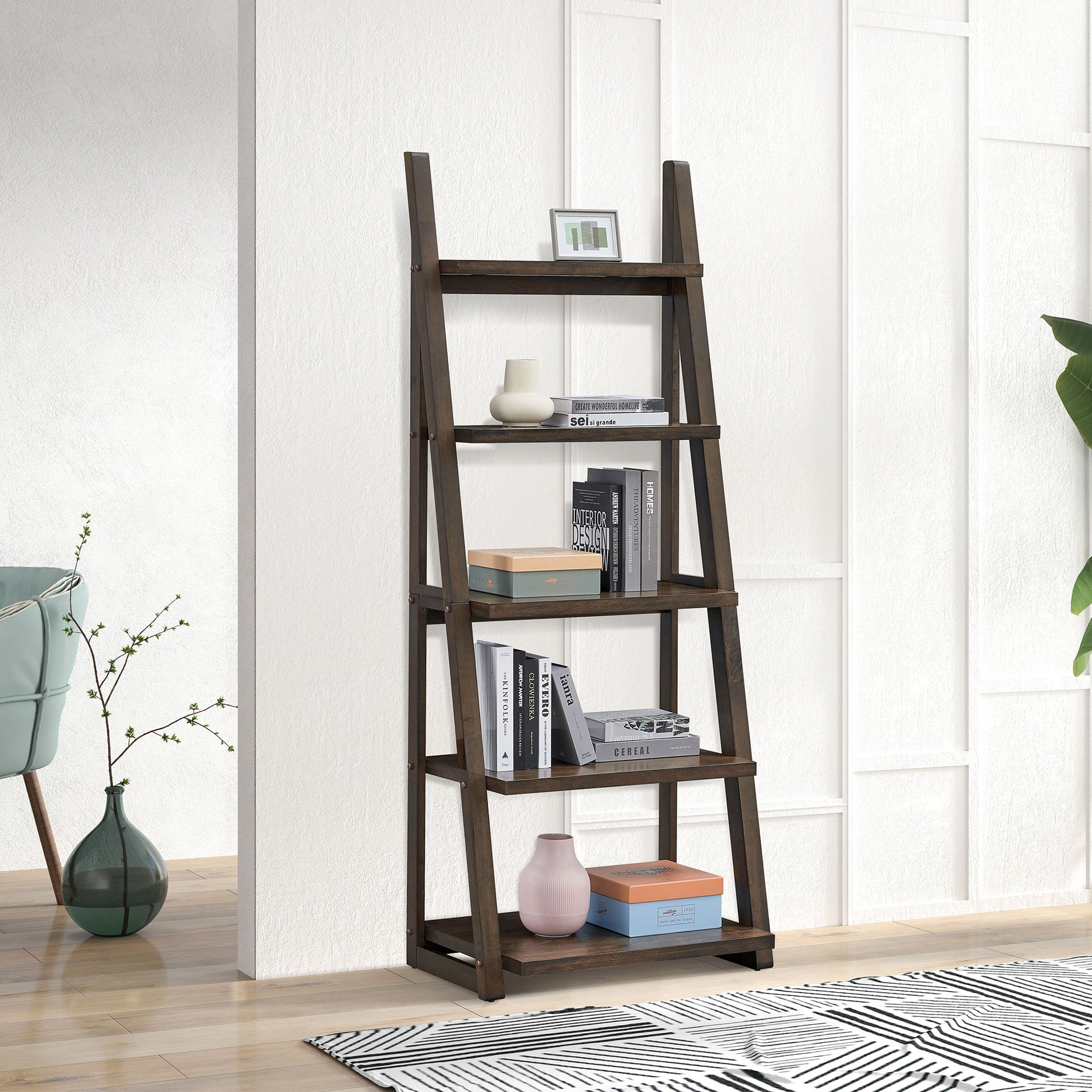 5 Tier Shelves,Bookshelf, Storage Rack, Bookcase With Rubber Wood Frame, Ladder Shelf For Living Room, Home Office, Kitchen, Bedroom, Apartment ,Rustic Brown Rustic Brown Solid Wood Mdf