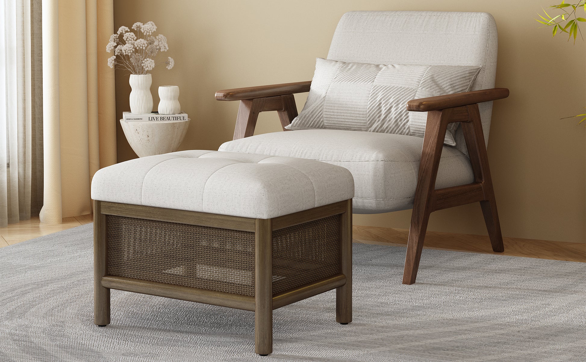 Cane Base Ottoman Dark Walnut Cream 21.5"*16"*17" White Deep Walnut Wood Soft American Traditional Hickory Wood Rectangle Wood Fabric