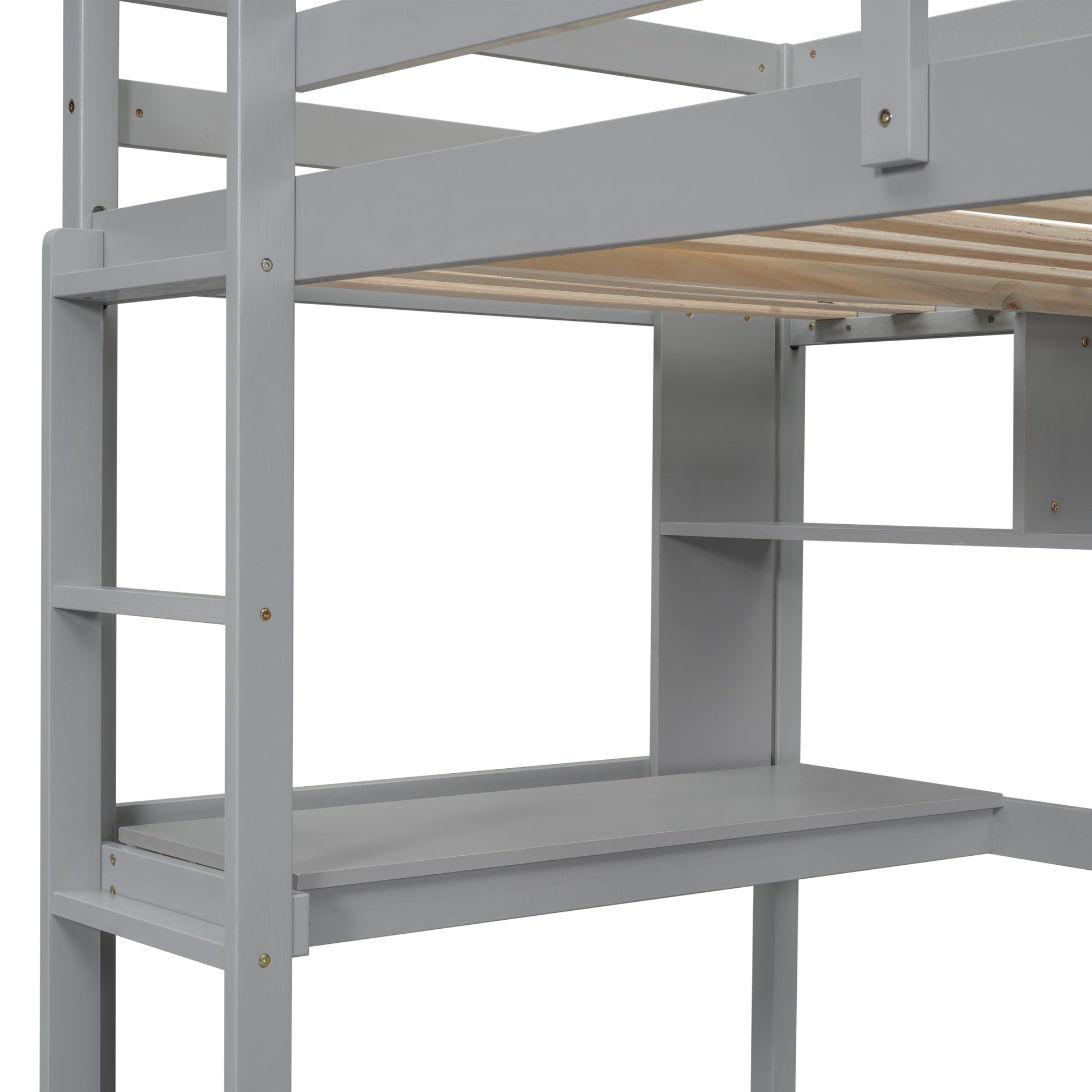 Twin Loft Bed With Built In Desk And Bookcase Of Three Compartments, Guardrails And Ladder,Grey Twin Grey Pine