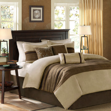 7 Pc Pieced Faux Suede Comforter Set Natural King King Natural Polyester