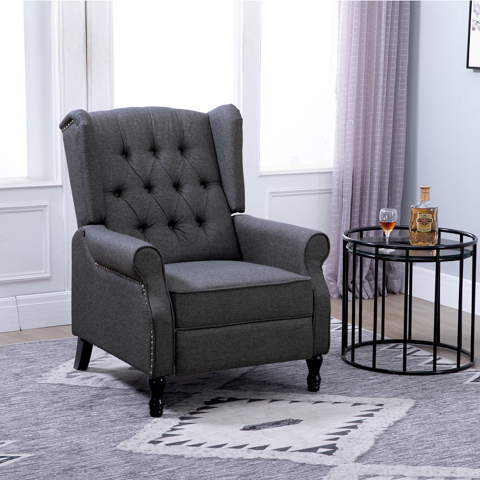 Homcom Fabric Upholstered Wingback Recliner, Tufted Push Back Accent Chair, Linen Arm Chair With Footrest, Armrest, Padded Cushion, Dark Grey Grey Metal