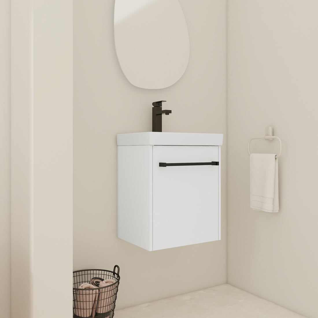 18'' Floating Wall Mounted Bathroom Vanity With Ceramic Sink & Soft Close Cabinet Door, For Small Bathroom Glossy White Bathroom Modern Plywood