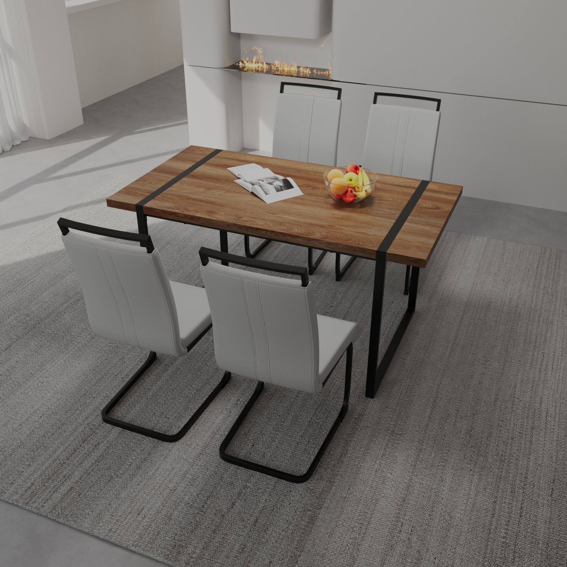 59 "Rural Industrial Rectangular Mdf Wood Color Dining Table Set And Pu Armless Dining Chair Set 4. Kitchen Black Metal Table Leg Dining Chair Set Wood Mdf
