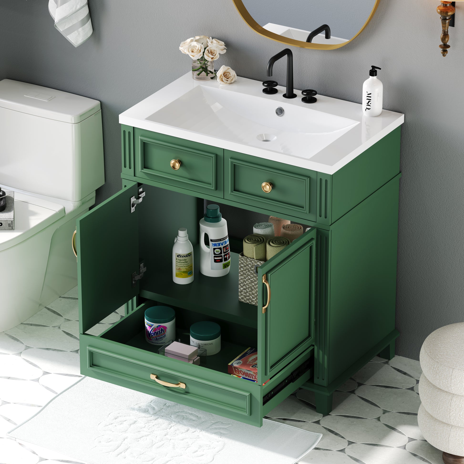 30'' Bathroom Vanity Without Top,Solid Wood Frame Bathroom Storage Cabinet With Soft Closing Doors,Frame Bathroom Storage Cabinet Only, Retro Style, Green 1 Green 2 Bathroom Freestanding Modern Solid Wood Mdf Resin Painted