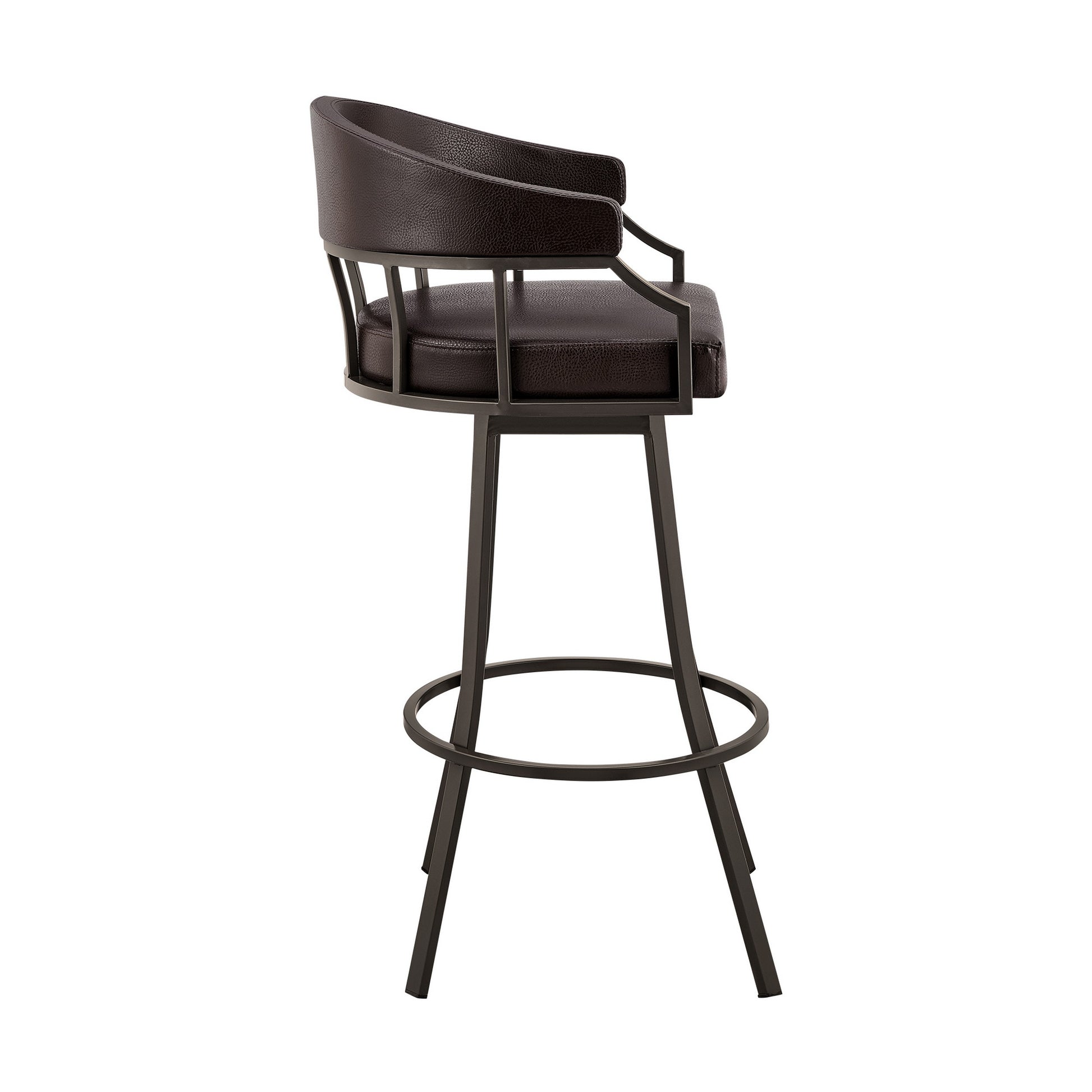 Mayla 30 Inch Swivel Bar Stool, Metal Flared Legs, Brown Faux Leather Brown Fabric Metal