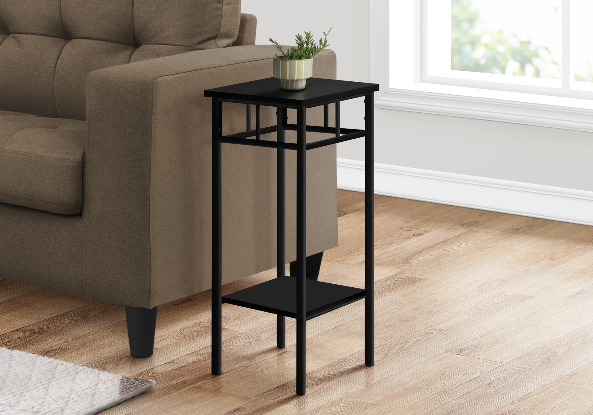 Accent Table, Side, End, Plant Stand, Square, Living Room, Bedroom, Black Laminate, Black Metal, Contemporary, Modern Black Mdf