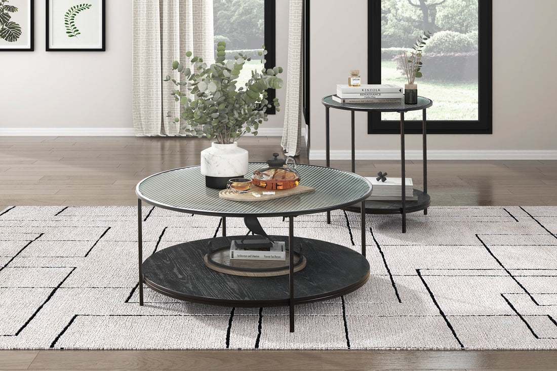 2Pc Modern Occasional Table Set Coffee Table Glass Top End Table Black Metal Finish Living Room Furniture Black Primary Living Space Modern Coffee & End Tables Round Glass,Metal,Wood