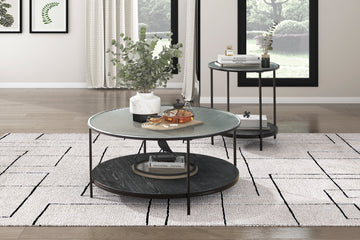 2Pc Modern Occasional Table Set Coffee Table Glass Top End Table Black Metal Finish Living Room Furniture Black Primary Living Space Modern Coffee & End Tables Round Glass,Metal,Wood