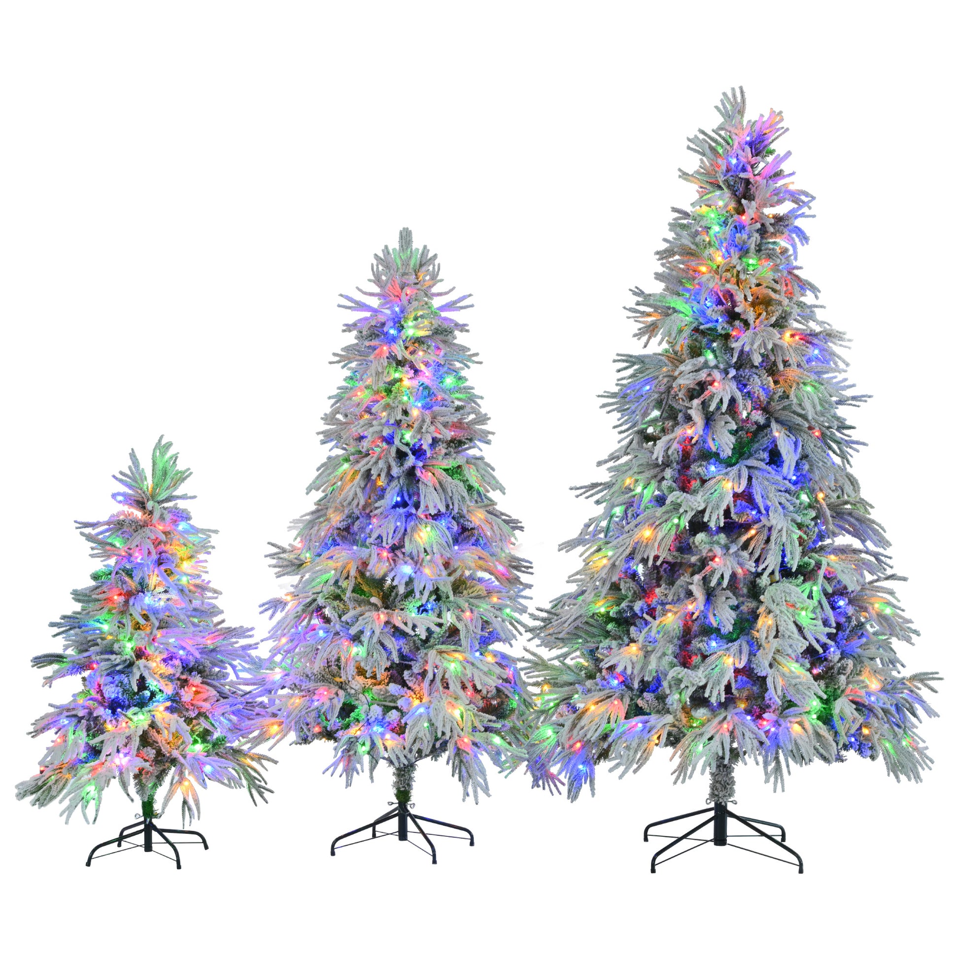 Pre Lit Spruce Snow Flocked Christmas Tree Set 4Ft, 6Ft, 7.5Ft, Artificial Hinged Xmas Tree With 800 Warm Yellow & Colorful Led Lights, 8 Flashing Modes, Holiday Office Home D Cor White Green Polyethylene