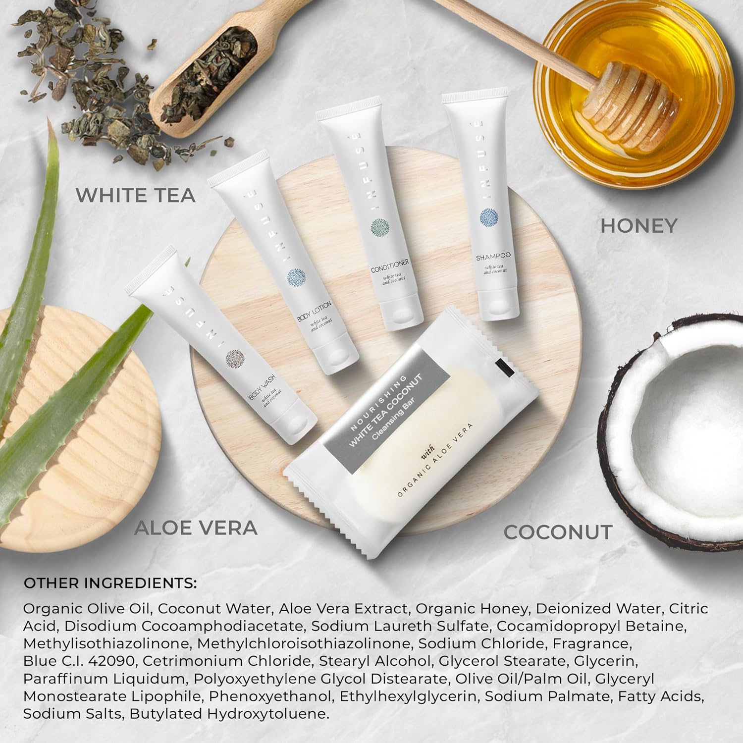 Infuse Pure White Tea And Coconut Hotel Soaps And Toiletries Bulk Set 1 Shoppe All In Kit For Hotels 1Oz Shampoo&Conditioner, Body Wash, Lotion & 1.25Oz Bar Soap Travel Size 150 Pieces White
