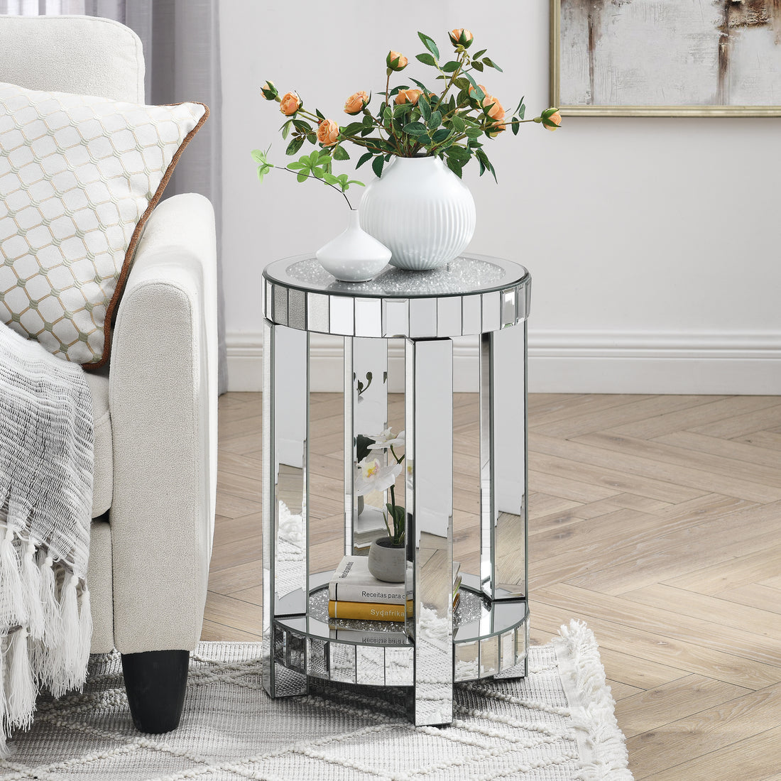 Mirror Round Table With Crystal Inlay, 2 Layer Modern Small Sofa Table With Storage Space, Silver Decorative Table Suitable For Living Room, Bedroom, Coffee And Small Spaces Mirrored Finish Primary Living Space Round Silver Floating Desk American Design