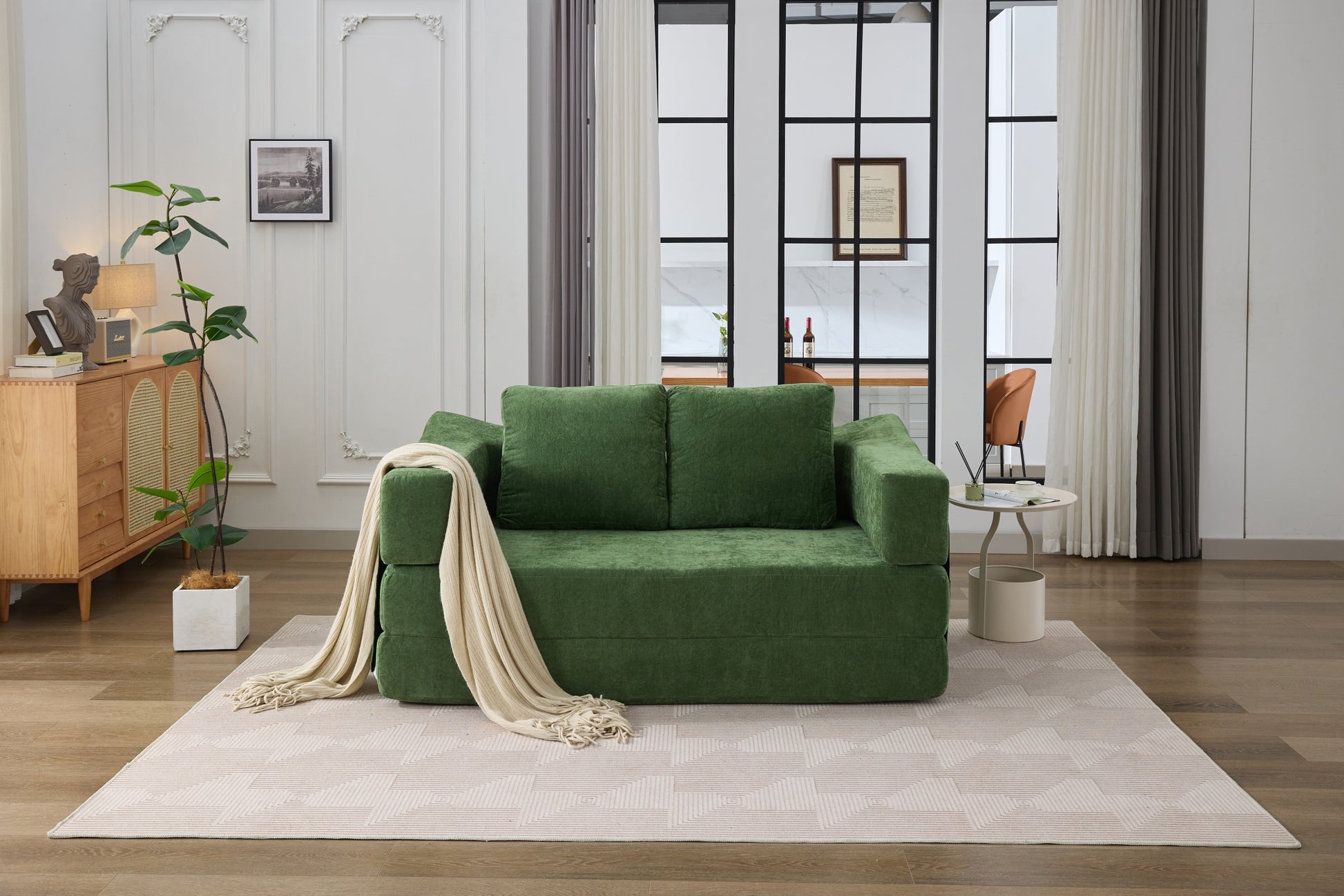 Modern Minimalist Sofa, Fold Out Sofa Bed, Convertible Chair Floor Couch & Sleeping Mattress For Living Room, Bedroom, Apartment, Removable Backrest, Green Green Chenille Soft Vintage Chenille 2 Seat