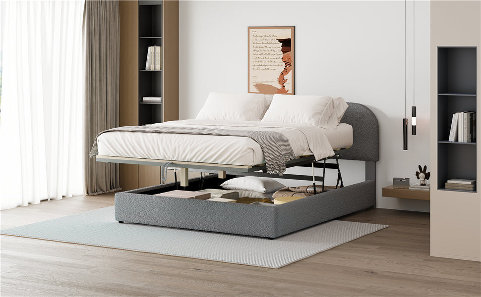 Teddy Fleece Queen Size Upholstered Platform Bed With Hydraulic Storage System, Gray Queen Gray Teddy