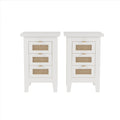3 Pieces Bedroom Sets Queen Size Wooden Platform Bed With Natural Rattan Headboard, Nightstands Set Of 2 With Rattan Woven Surfaces And Three Drawers For Bedroom, White White Particle Board
