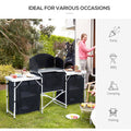 Outsunny Aluminum Portable Camping Kitchen Fold Up Cooking Table With Windscreen And 3 Enclosed Cupboards For Bbq, Party, Picnics, Backyards Colorful Aluminum