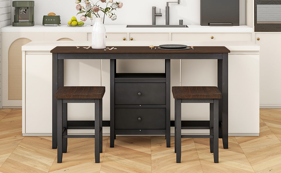 Farmhouse Rustic 3 Piece Counter Height Wood Dining Table Set With Cabinet,2 Storage Drawers And 2 Stools For Small Places,Black Cherry Wood Wood Cherry Seats 2 Wood Dining Room Farmhouse Rubberwood Rectangular Foam Solid Wood