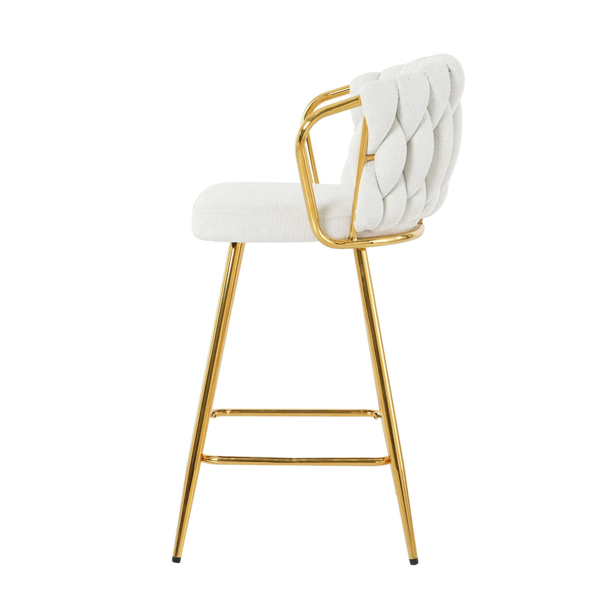 Modern Design High Stool Gold Plated Legs Kitchen Dining White Linen Bar Chair, Suitable For Cafe Bar Restaurant Set Of 2 Metal White Flannelette