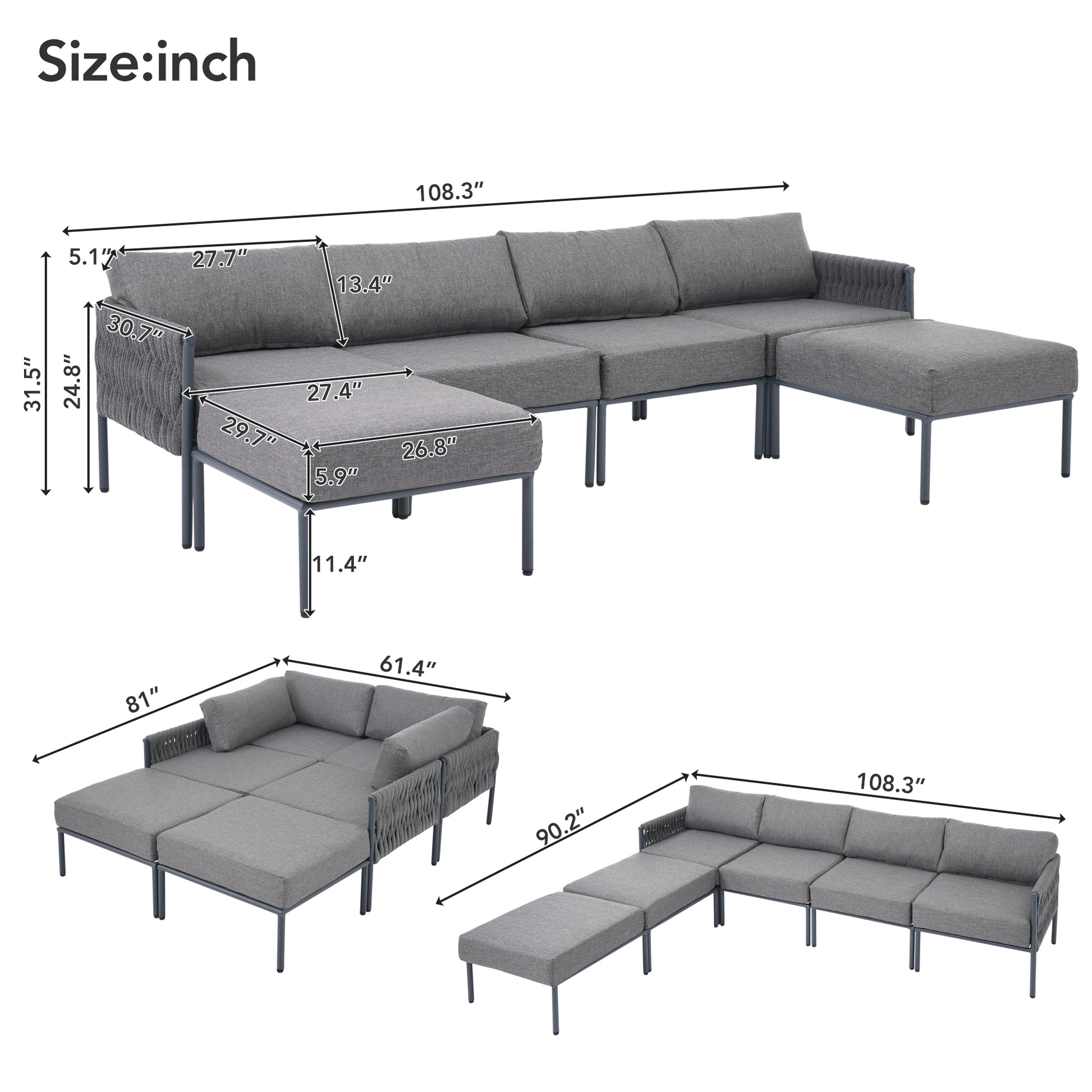 6 Pieces Aluminum Patio Furniture Set, Modern Metal Outdoor Conversation Set Sectional Sofa With Removable Olefin Extra Thick Cushions 5.9" Cushion, Grey Yes Complete Patio Set Gray Seats 6 Weather Resistant Frame Garden & Outdoor