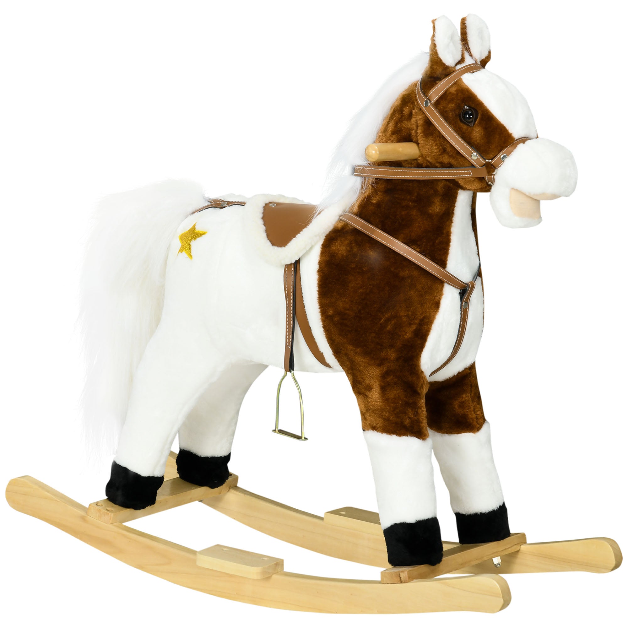 Qaba Rocking Horse With Sound, Ride On Horse With Saddle, Toddler Rocker, Gift For 3 8 Year Old, Brown Brown Plush