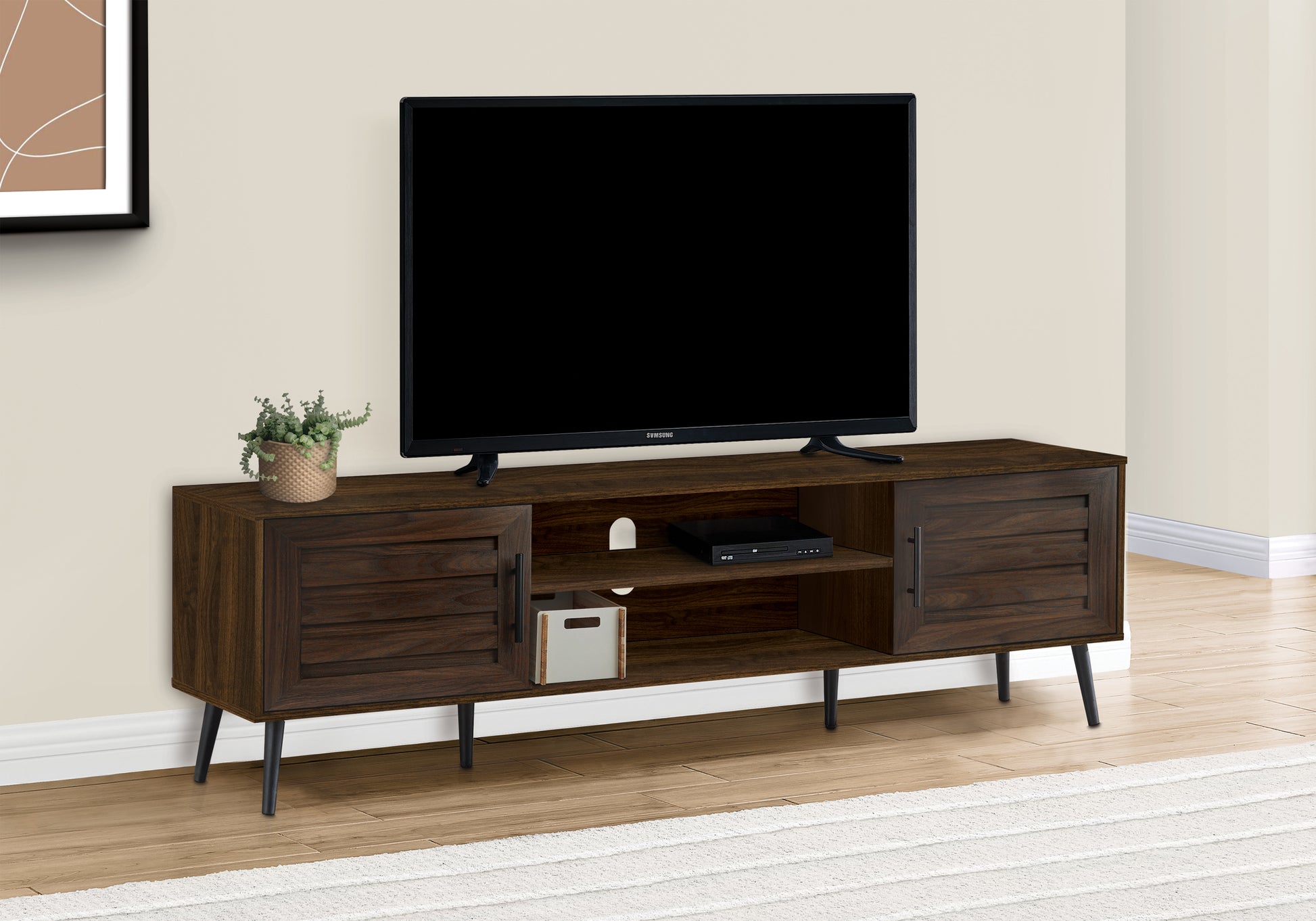 Tv Stand, 72 Inch, Console, Media Entertainment Center, Storage Cabinet, Living Room, Bedroom, Brown Laminate, Black Wood Legs, Transitional Brown 80 89 Inches Particle Board