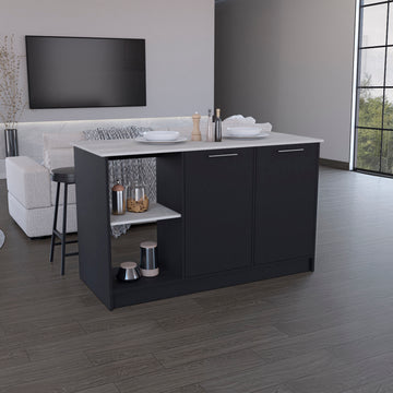 Kitchen Island With Large Countertop, Open Storage Shelves And Double Door Cabinet, Black Onyx Black Solid Wood Mdf Engineered Wood