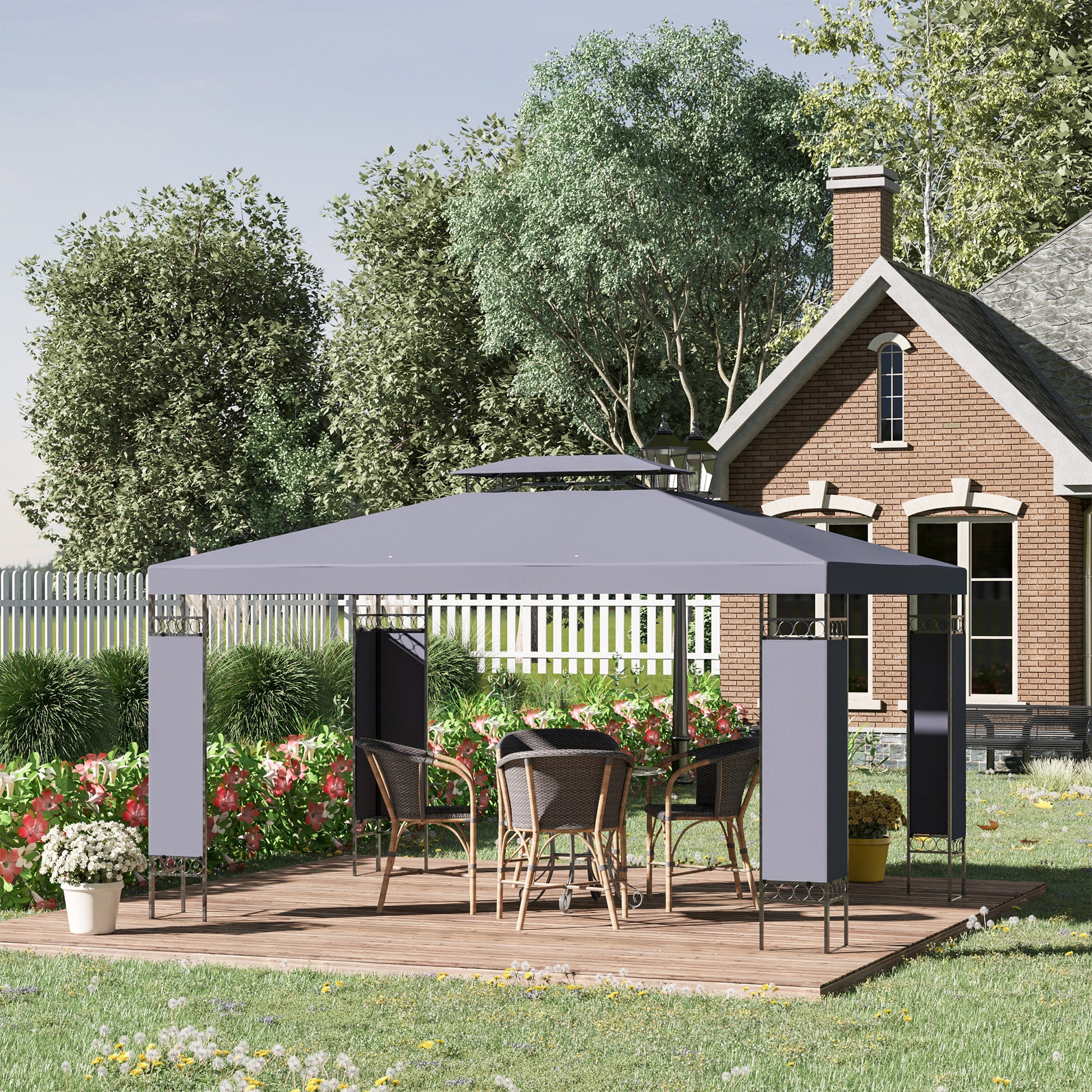 Outsunny 10' X 13' Patio Gazebo, Double Roof Outdoor Gazebo Canopy Shelter With Screen Decorate Corner Frame, For Garden, Lawn, Backyard And Deck, Gray Grey Steel