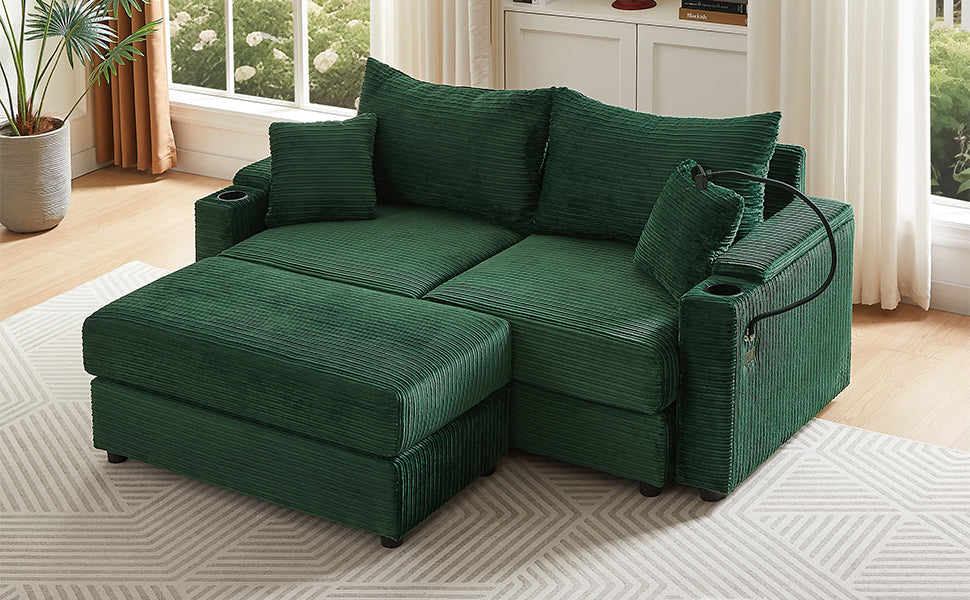 72.8" Modern Style Loveseat Sofa Sectional Sofa Couch With Storage Space, A Movable Ottoman, Two Usb Ports, Two Cup Holders, A Phone Holder For Living Room, Green Green Foam Corduroy 3 Seat