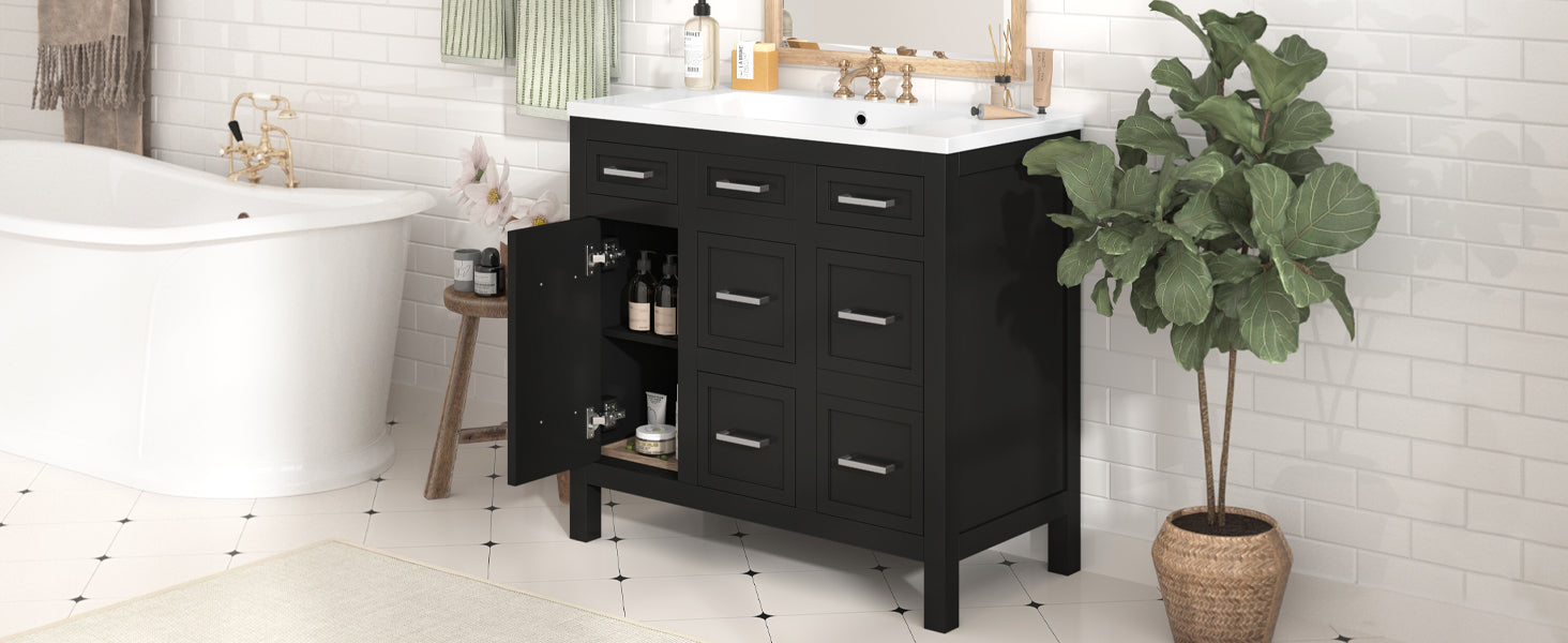 36" Bathroom Vanity Cabinet With Resin Integrated Sink 4 Drawers, 2 Doors Black Bathroom Solid Wood Mdf Resin