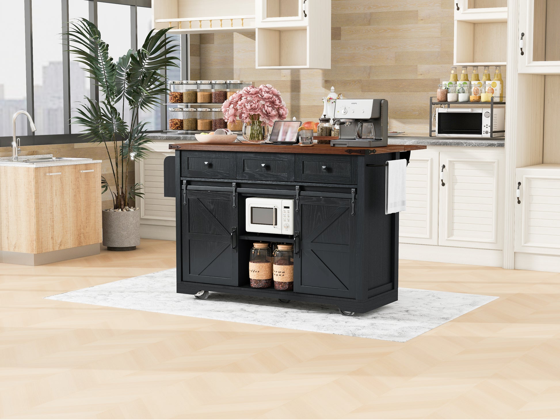 K&K 53.7" Farmhouse Kitchen Island With Power Outlet, 2 Sliding Barn Door Kitchen Storage Island With Drop Leaf, Spice Rack Rolling Kitchen Cart On Wheels, For Home, Kitchen And Dining Room, Black