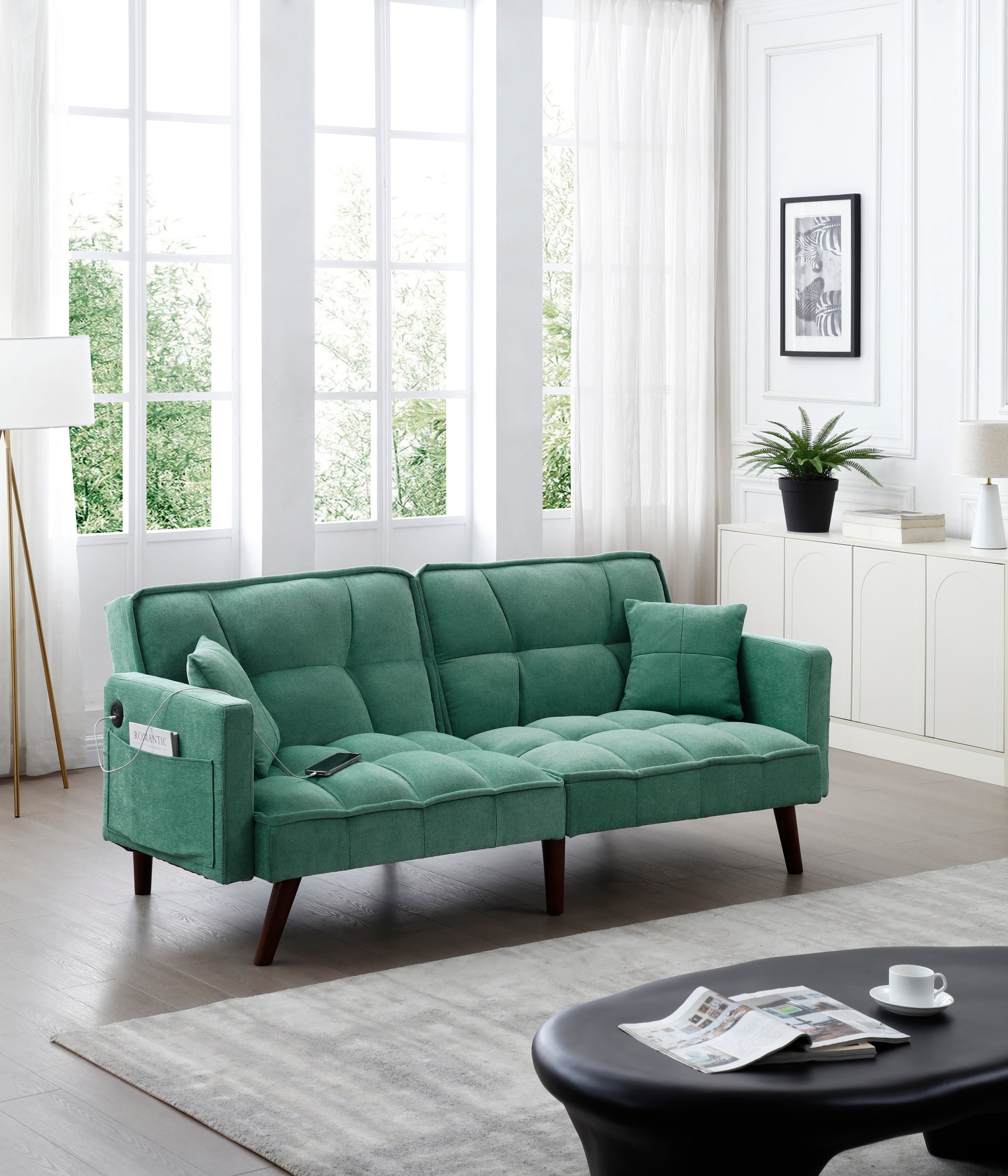 Sofa Bed Sleeper, Large Size, Usb Charging Port, Chenille Fabric Folding Futon Recliner For Living Room Furniture Apartment Bedroom Office Small Spaces, Green Green Brown Wood Primary Living Space Medium Soft Tufted Back Modern Foam Solid Wood 2 Seat